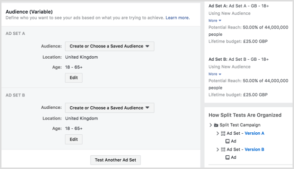 Test porównawczy z wyświetlaniem reklam na Facebooku dla co najmniej dwóch odbiorców.