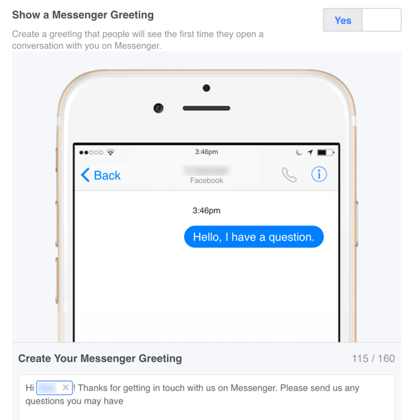 Możesz skonfigurować niestandardową wiadomość powitalną dla Facebook Messenger w Ustawieniach.