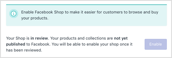 Shopify wyświetli komunikat online, że Twój sklep na Facebooku jest w trakcie sprawdzania.