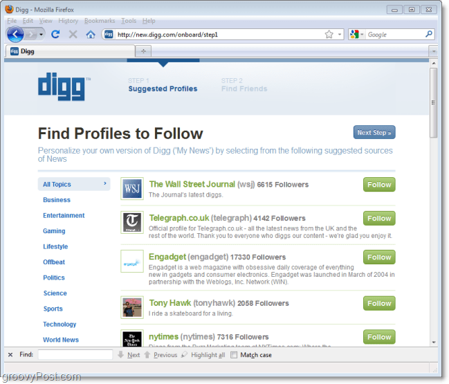 nowa funkcja digg follow podczas pierwszego logowania