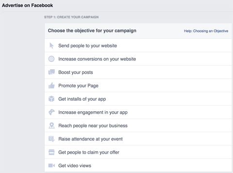 menu konfiguracji reklam na Facebooku