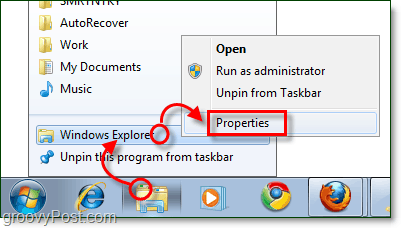 dostosuj właściwości skrótu paska zadań Eksploratora Windows