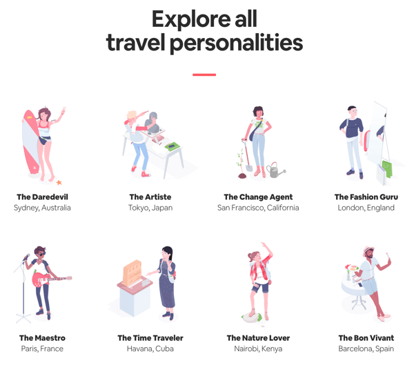 Przykład strony zawierającej wszystkie wyniki z wynikami, które użytkownik może przeglądać w quizie Airbnb Travel Matcher.