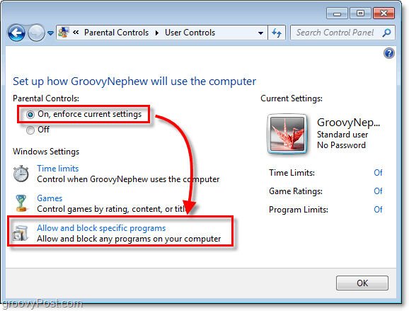 włącz kontrolę rodzicielską w systemie Windows 7 dla konkretnego użytkownika, a następnie zezwól i zablokuj określone programy