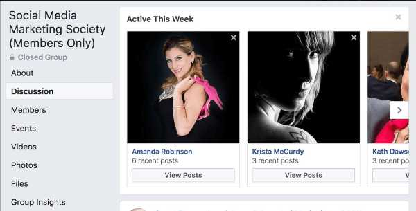 Facebook podkreśla, którzy członkowie grupy byli najbardziej aktywni w tym tygodniu w grupie.
