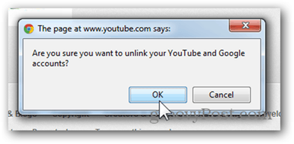 Połącz konto YouTube z nowym kontem Google - Kliknij przycisk OK, aby odłączyć konto