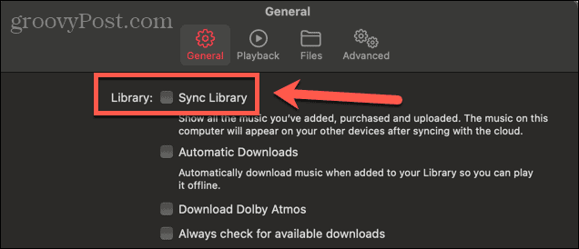 Pole wyboru synchronizacji muzyki Apple Mac