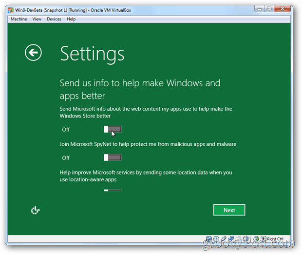 Informacje o prywatności VirtualBox Windows 8 dla Microsoft
