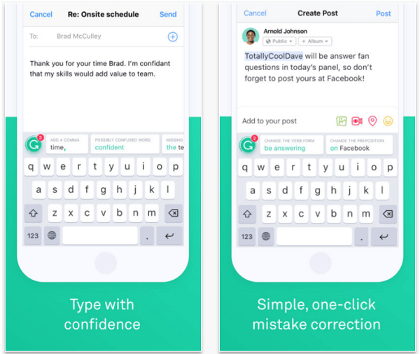 Zainstaluj aplikację Grammarly Keyboard, aby sprawdzać pisownię i gramatykę w swoich postach na telefonie komórkowym.