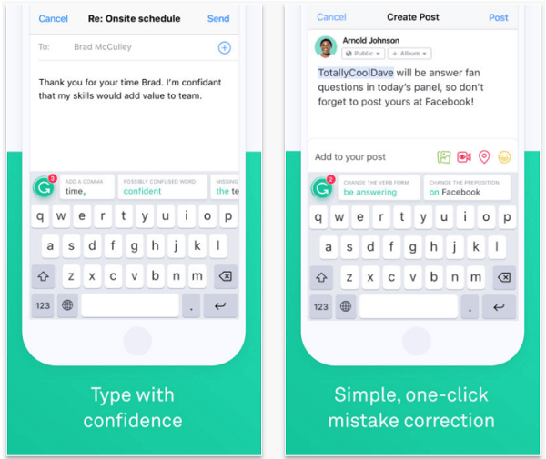 Zainstaluj aplikację Grammarly Keyboard, aby sprawdzać pisownię i gramatykę swoje posty na telefonie komórkowym.