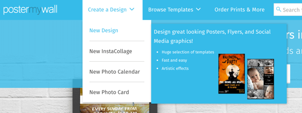 Wybierz opcję Utwórz projekt> Nowy projekt, aby utworzyć grafikę za pomocą programu PosterMyWall.