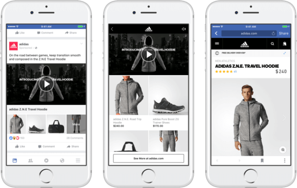 Dzięki nowemu formatowi reklam kolekcji Facebooka marki mogą prezentować główny film lub obraz, który prowadzi do wciągających, szybko ładujących się zakupów na Facebooku. 