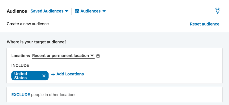 Sekcja Odbiorcy LinkedIn podczas konfiguracji kampanii