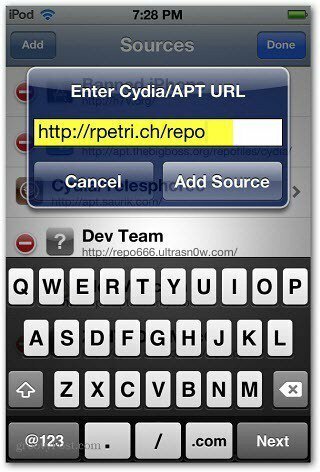 Wpisz adres URL Cydia APT