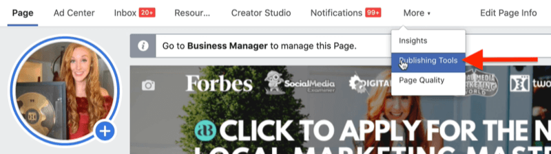 przykładowa strona biznesowa na Facebooku w menedżerze biznesowym na Facebooku z podświetloną opcją menu narzędzi do publikowania