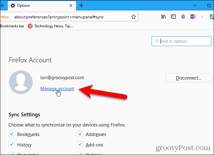 Kliknij Zarządzaj kontem w Firefox dla Windows