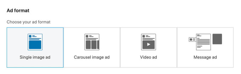 zrzut ekranu z pojedynczą reklamą graficzną wybraną dla formatu reklamy LinkedIn