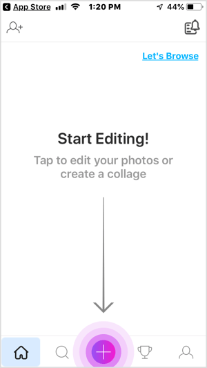 Stuknij przycisk + w aplikacji mobilnej PicsArt.