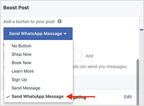 Wybierz opcję Wyślij wiadomość WhatsApp, gdy zwiększasz post na Facebooku.
