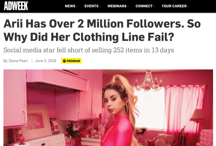 Instagramowy wpływowy Arri z 2 milionami obserwujących nie sprzedał linii odzieży