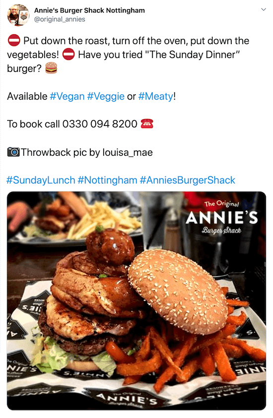zrzut ekranu posta na Twitterze autorstwa @original_annies ze zdjęciem burgera i frytek ze słodkich ziemniaków pod chwytliwym opisem, numerem telefonu, zdjęciem i hashtagami