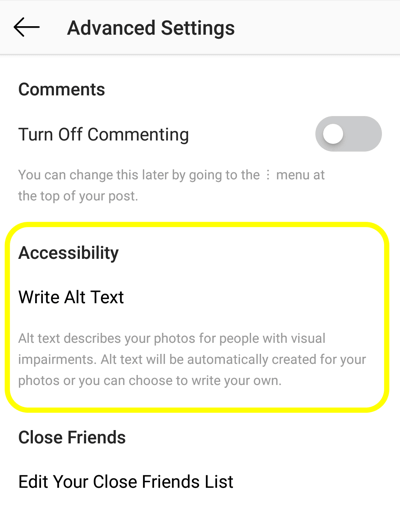 Jak dodać tekst alternatywny do postów na Instagramie, krok 2, opcja dostępności postów na Instagramie, aby ustawić tag alt