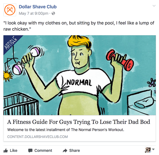 Dollar Shave Club udostępnia odpowiednie i sprytne treści na swojej stronie biznesowej na Facebooku.