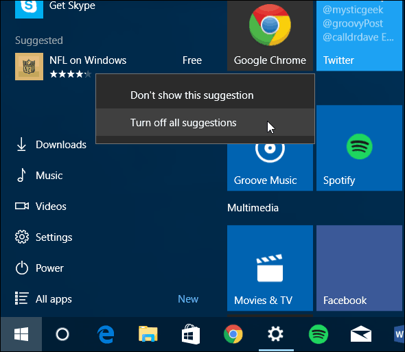 Menu Start systemu Windows 10 Wyłącz Sugerowane aplikacje