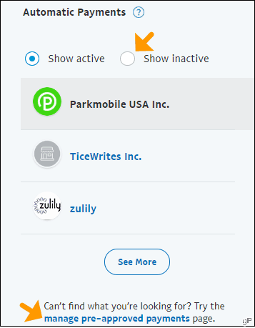 PayPal Pokaż nieaktywne i zarządzaj wstępnie zatwierdzonymi płatnościami