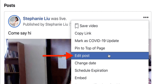 opcja edycji postu z transmisji na żywo na Facebooku w menu z trzema kropkami w prawym górnym rogu postu w transmisji