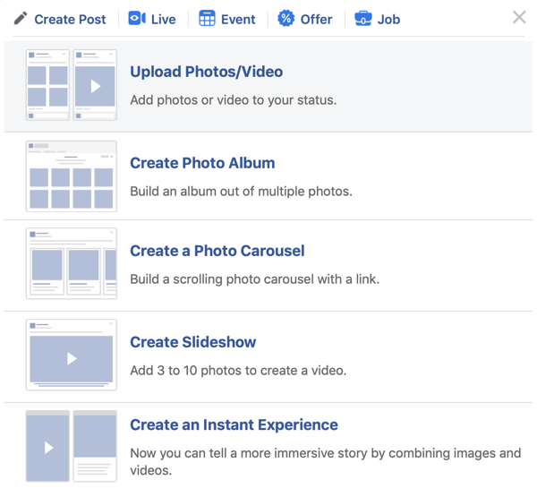 Jak skonfigurować Facebook Premiere, krok 2, opcję przesyłania zdjęć / filmów