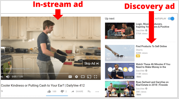 Przykłady reklam AdWords typu In-Stream i Discovery w YouTube.