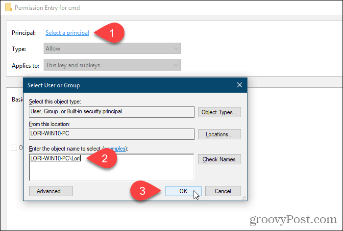 Kliknij Wybierz podmiot główny i wybierz użytkownika lub grupę dla uprawnień w Rejestrze Windows
