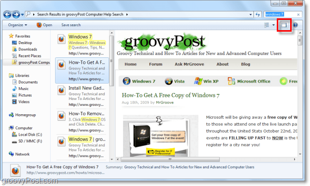 użyj okienka podglądu systemu Windows 7, aby przeglądać witryny za pomocą łącznika wyszukiwania w oknie eksploratora
