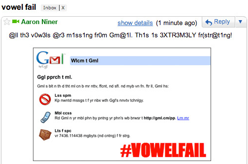 Gmail 2010 April Fools Failed Vowel Failure