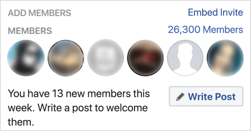 Kliknij Napisz post, aby powitać nowych członków grupy na Facebooku.