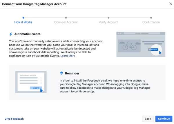Użyj Google Tag Manager z Facebookiem, krok 6, przycisk Kontynuuj podczas łączenia Google Tag Manager z kontem na Facebooku