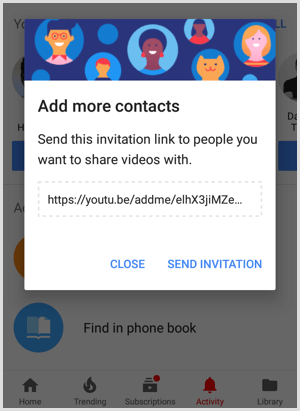 Link z zaproszeniem do YouTube, aby udostępnić innym osobom, aby dodać więcej kontaktów