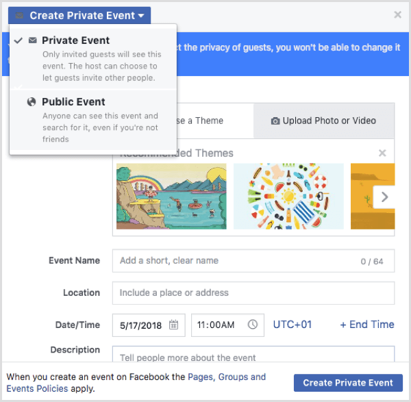 Opcje wydarzeń na Facebooku podczas tworzenia wydarzenia z profilu na Facebooku