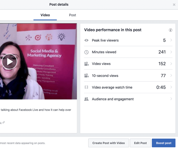 Wybierz film ze swojej biblioteki wideo na Facebooku, aby zobaczyć wskaźniki wydajności.