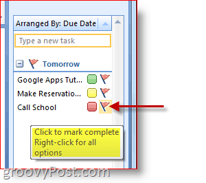 Pasek zadań programu Outlook 2007 - kliknij opcję Flaga zadania, aby oznaczyć jako ukończone