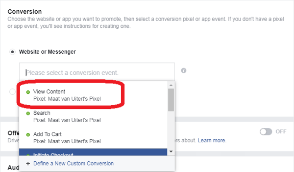 Jeśli jako cel reklamy w programie Facebook Messenger wybrałeś Konwersje, wybierz zdarzenie konwersji.