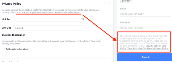 Przykład polityki prywatności zawartej w opcjach kampanii leadowej na Facebooku.
