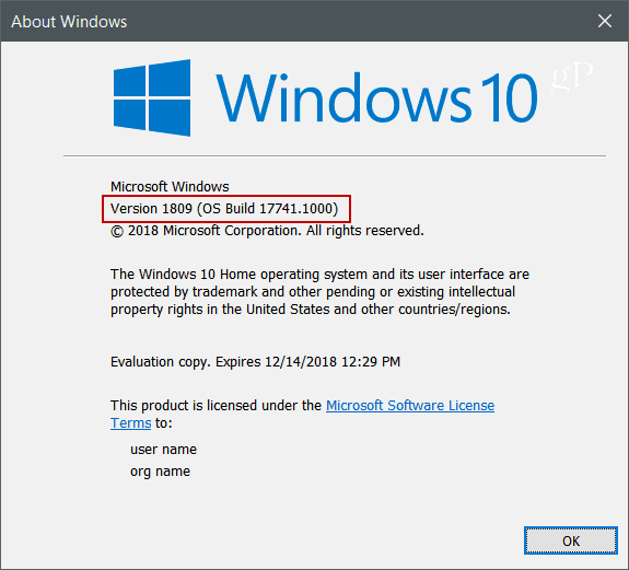 Winver Windows 10 wersja 1809