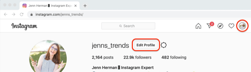 zrzut ekranu profilu na Instagramie z podświetlonym przyciskiem „edytuj profil”