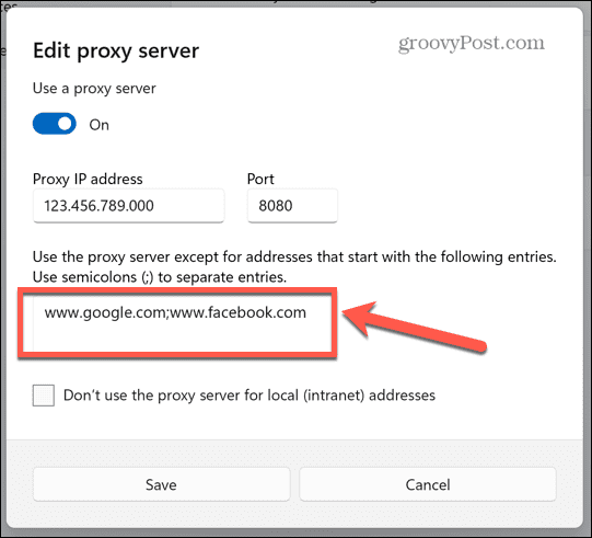 wyjątki serwera proxy systemu Windows
