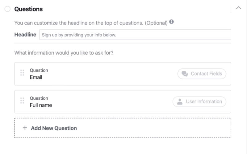 Sekcja pytań dotycząca procesu konfiguracji formularza kontaktowego na Facebooku
