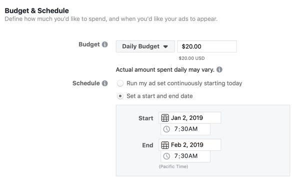Opcje budżetu i harmonogramu dla wiodącej kampanii reklamowej na Facebooku.