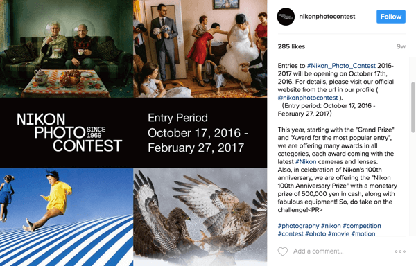 Użytkownicy Instagrama oznaczają swoje zdjęcia hashtagiem kampanii, aby wziąć udział w konkursie fotograficznym Nikon.