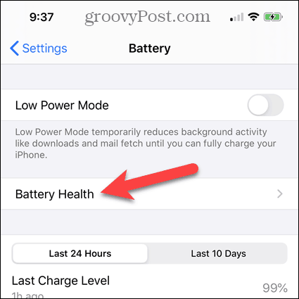 Stuknij Bateria na ekranie baterii iPhone'a